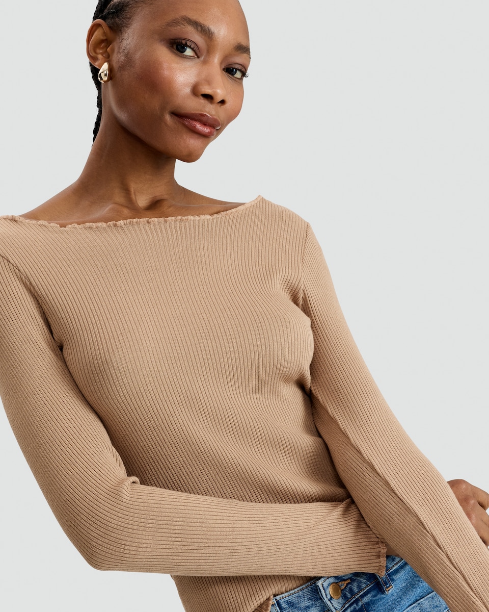 image 1 of F&F Ribbed Frill Accent Long Sleeved Top in Brown