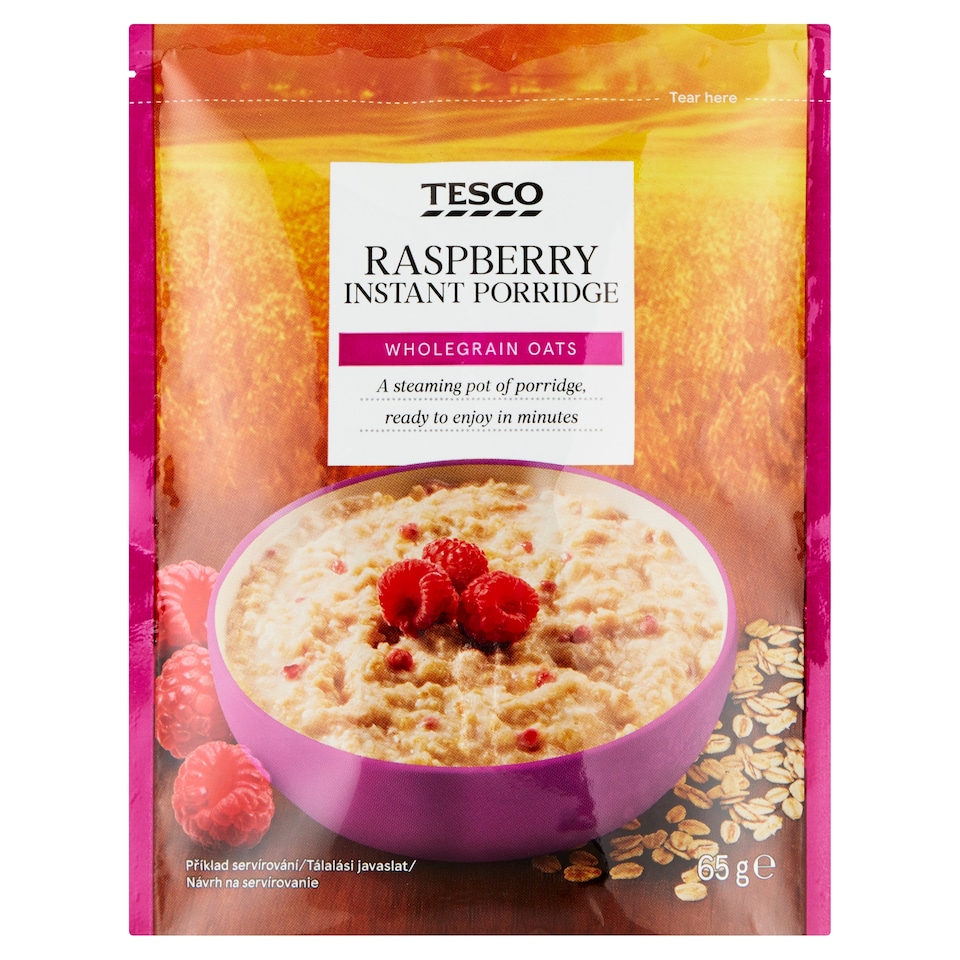 Tesco instant keverék zabpehellyel és fagyasztva szárított málnával, zabkása készítéséhez 65 g