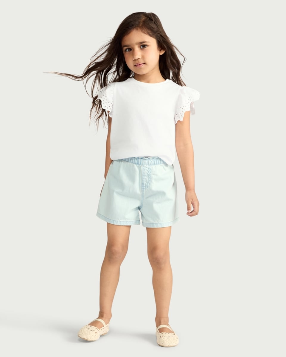 image 1 of F&F Girls Pure Cotton Frill Waist Shorts in Blue