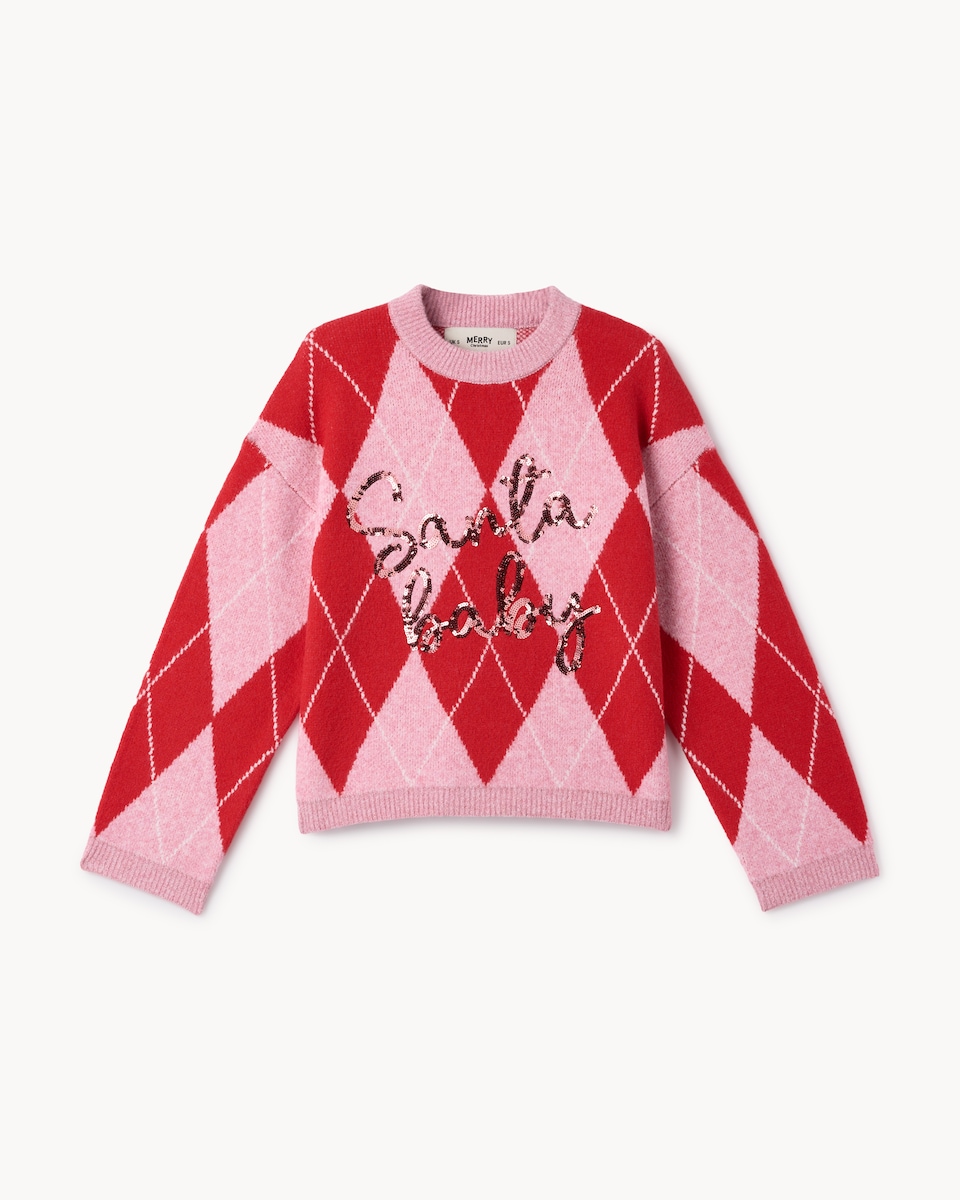 image 1 of Christmas Argyle Sequin Jumper in Pink
