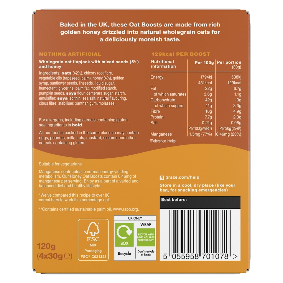 image 1 of Graze Honey Oat Boost Flapjack Snack 4x30G