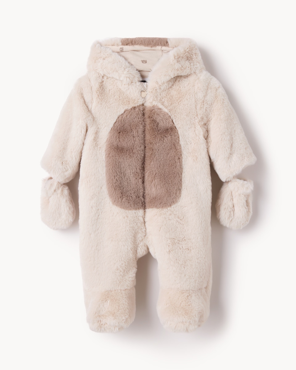 image 1 of F&F Baby Faux Fur Bear Cub Pramsuit in Med Nude