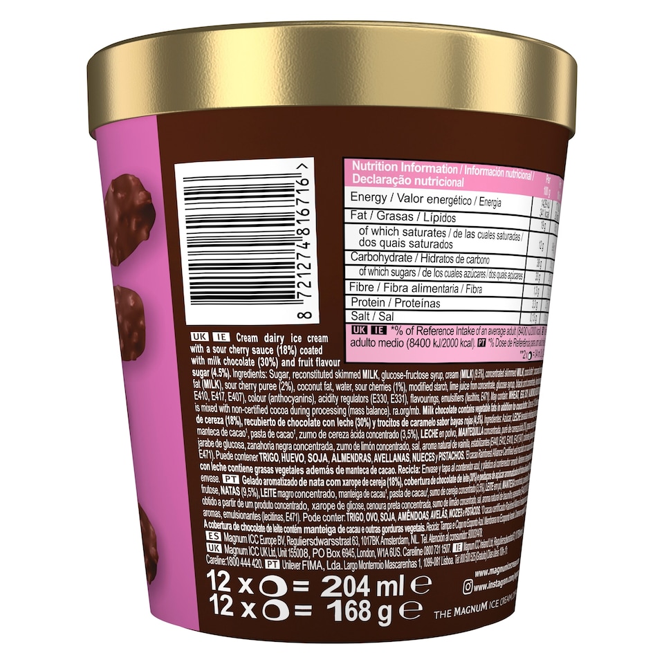 image 1 of Magnum Bonbon Cherry & Milk Chocolate Ice Cream Frozen Snack 204ml