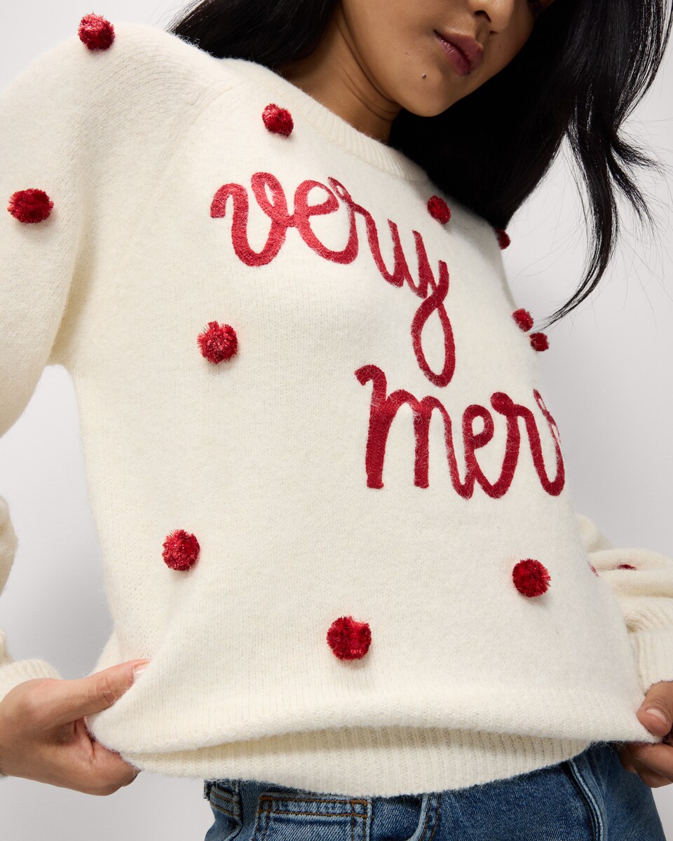 image 1 of Christmas Very Merry Pom Pom Christmas Jumper in Cream