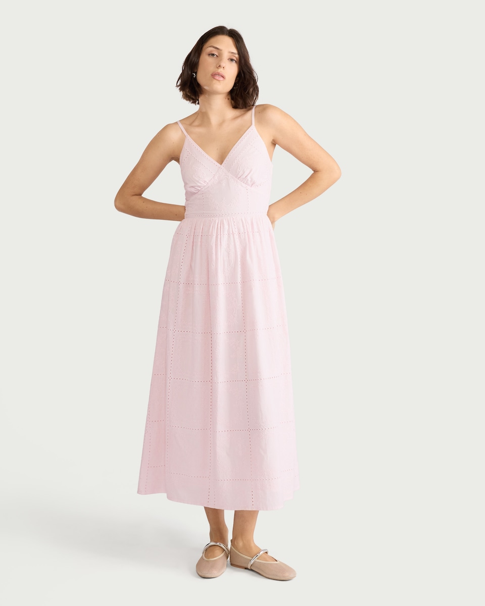 image 1 of The F&F Edit Pure Cotton Embroidered Patchwork Midi Dress in Pink