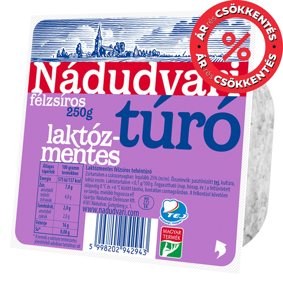 Nádudvari Semi-Fat Lactose Free Cottage Cheese 250 g
