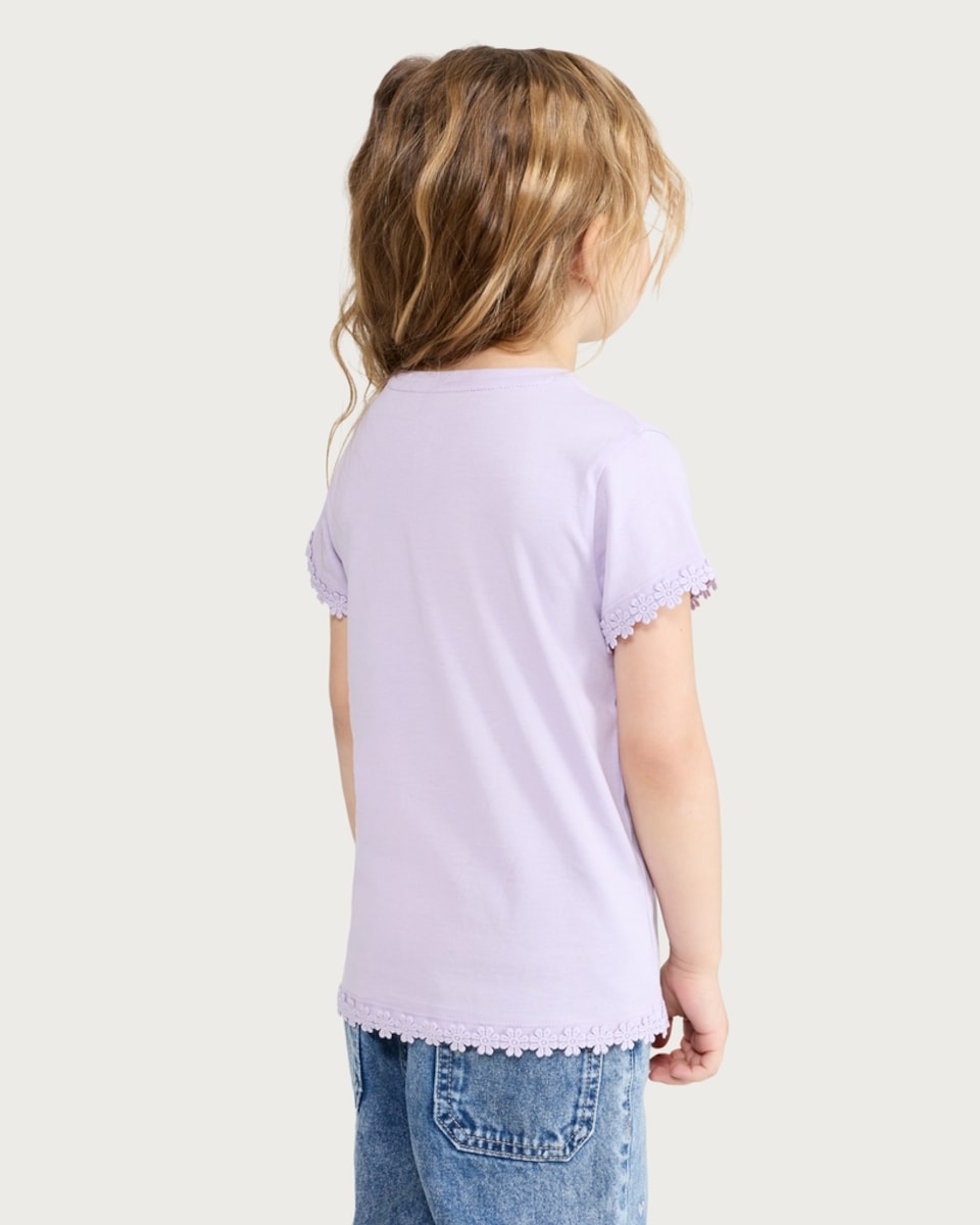 image 1 of F&F Girls Pure Cotton Floral Trim T-Shirt in Lilac