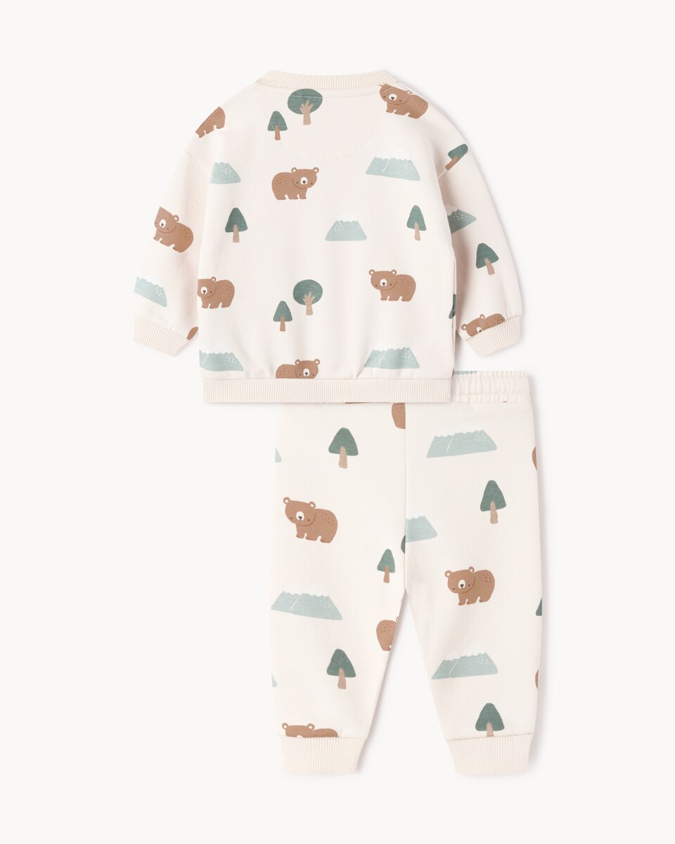 image 1 of F&F Baby Cotton Rich Woodland Print Sweatshirt and Joggers Set in Neutral