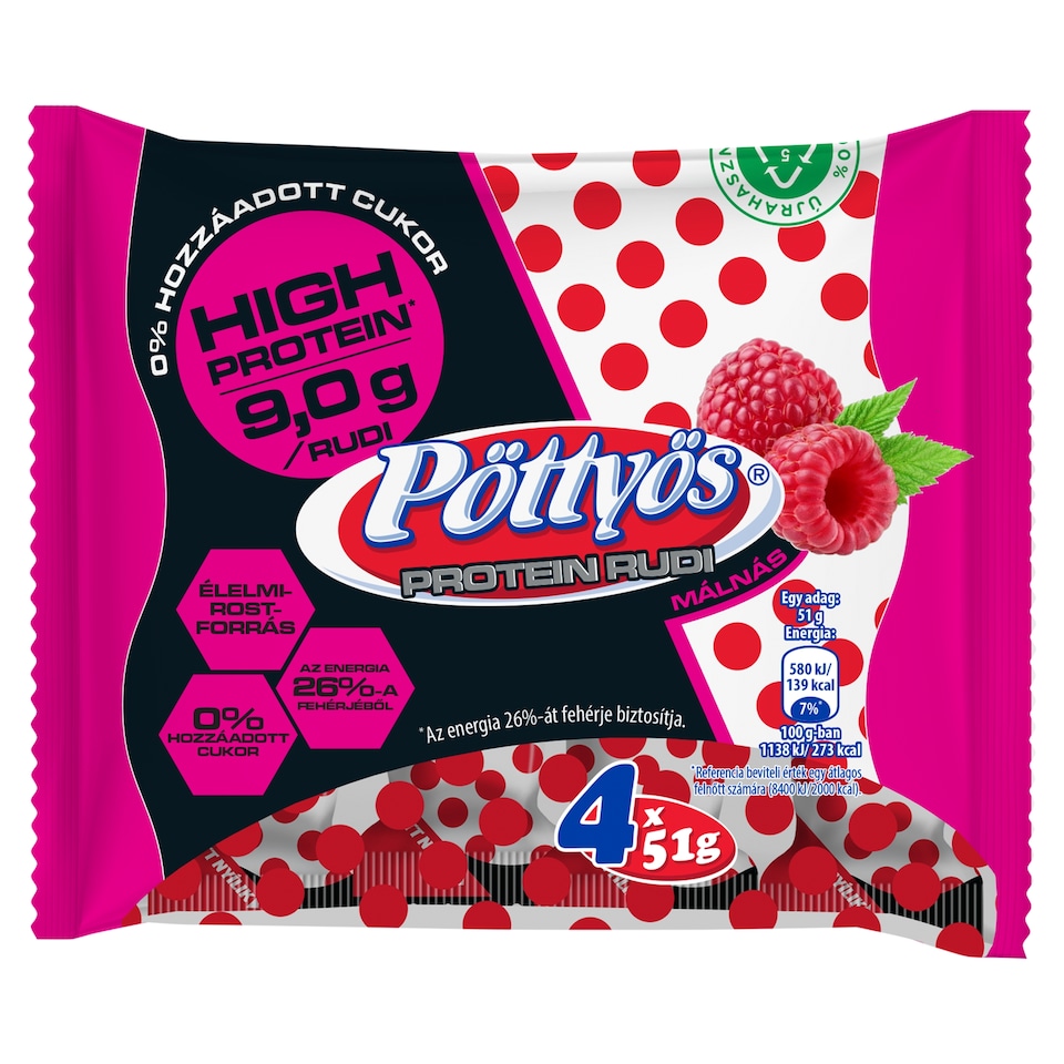 Pöttyös Protein Túró Rudi Raspberry Cottage Cheese Dessert with Cocoa Coating 4 x 51 g (204 g)