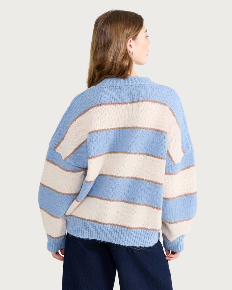 image 1 of The F&F Edit Knitted Fluffy Stripe Print Jumper in Multi Blue