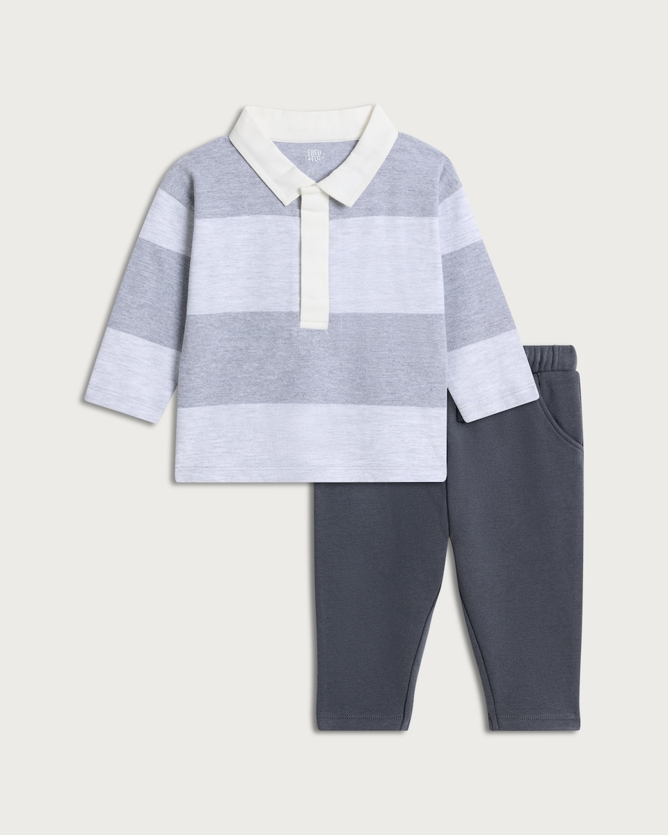 image 1 of F&F Baby 2-Piece Cotton Rich Rugby Top and Joggers Set in Grey Marl