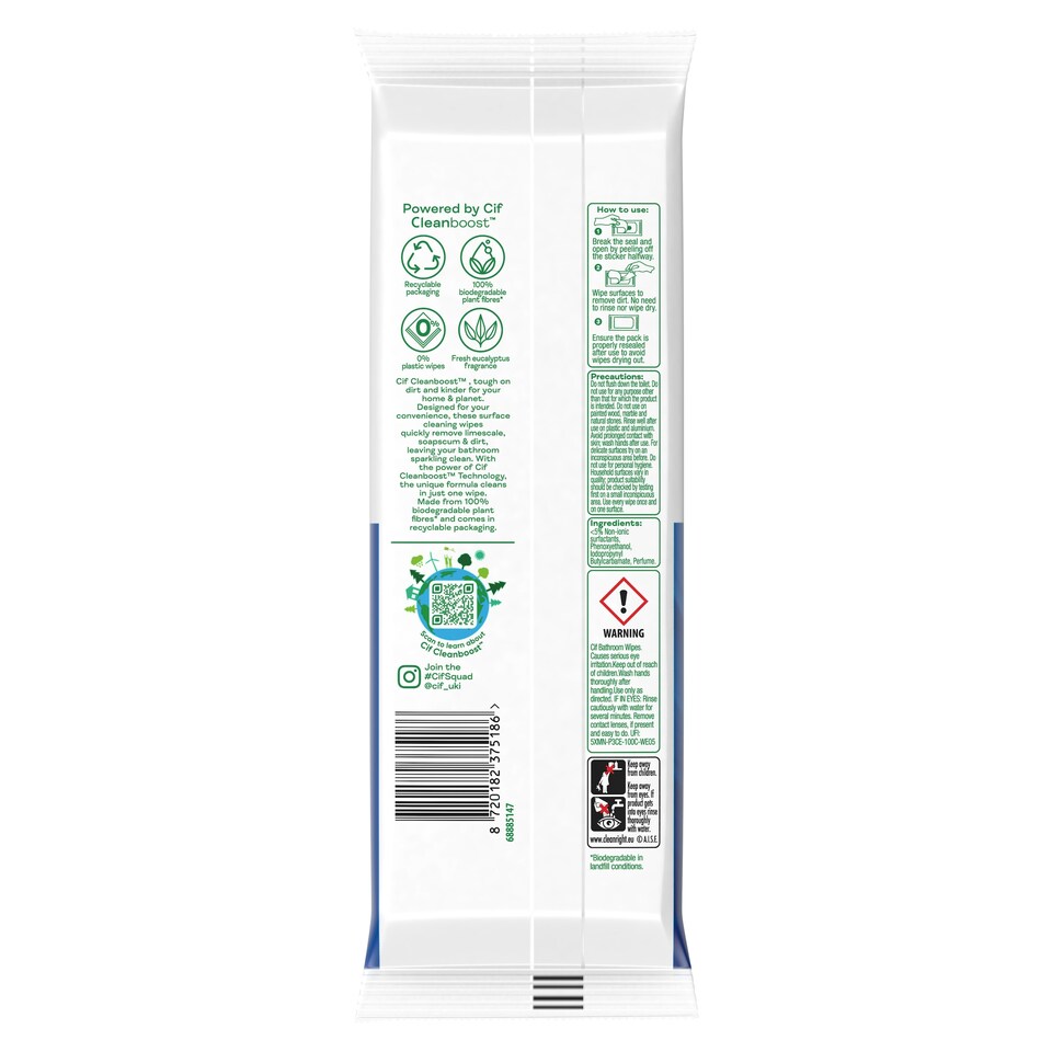 image 1 of Cif Power And Shine Bathroom Eucalyptus Wipes 60'S