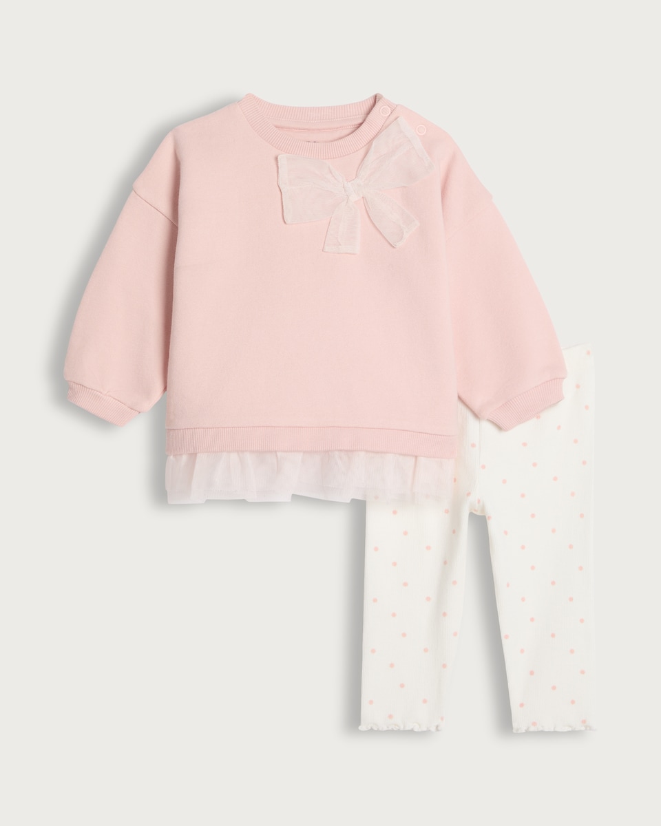 image 1 of F&F Baby 2-Piece Cotton Rich Bow Detail Sweatshirt and Leggings Set in Pink