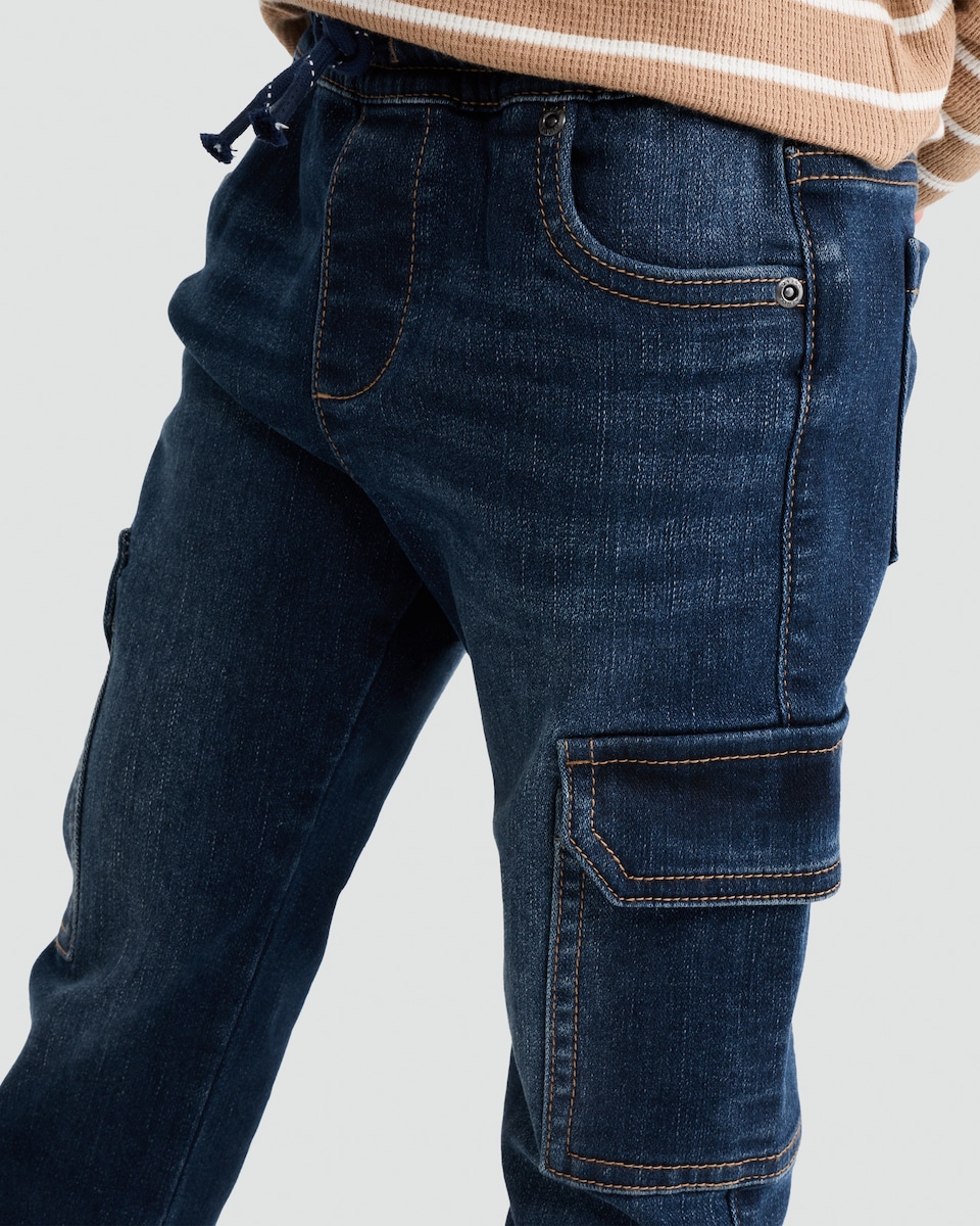 image 1 of F&F Boys Cotton Rich Denim Cuffed Cargo Jeans in Navy