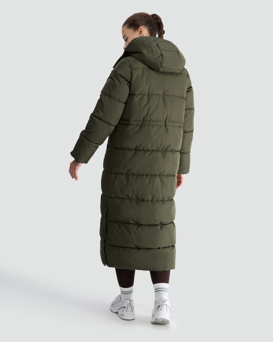 image 1 of F&F Hooded Longline Shower Resistant Puffer Coat in Khaki