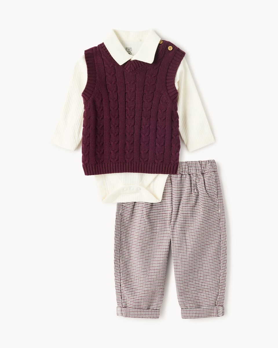 image 1 of F&F Baby Cotton Rich Knitted Vest, Bodysuit and Trousers Set in Burgundy
