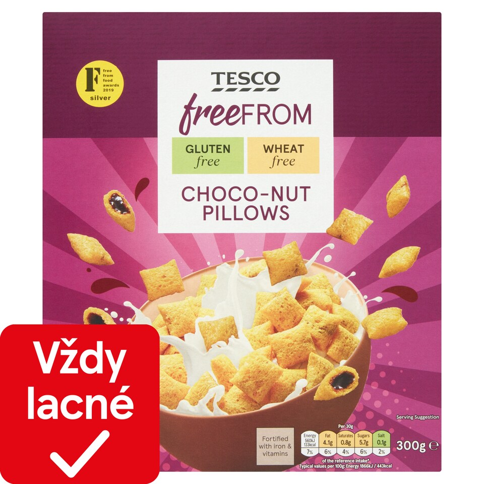 obrázok 1 z Tesco Free From Bezgluténové cereálne vankúšiky s náplňou s orieškovo-čokoládovou príchuťou 300 g
