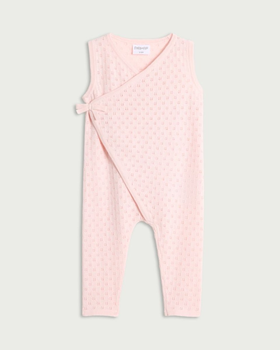 image 1 of F&F Baby Pure Cotton Pointelle Wrap Front Sleeveless Romper in Pink