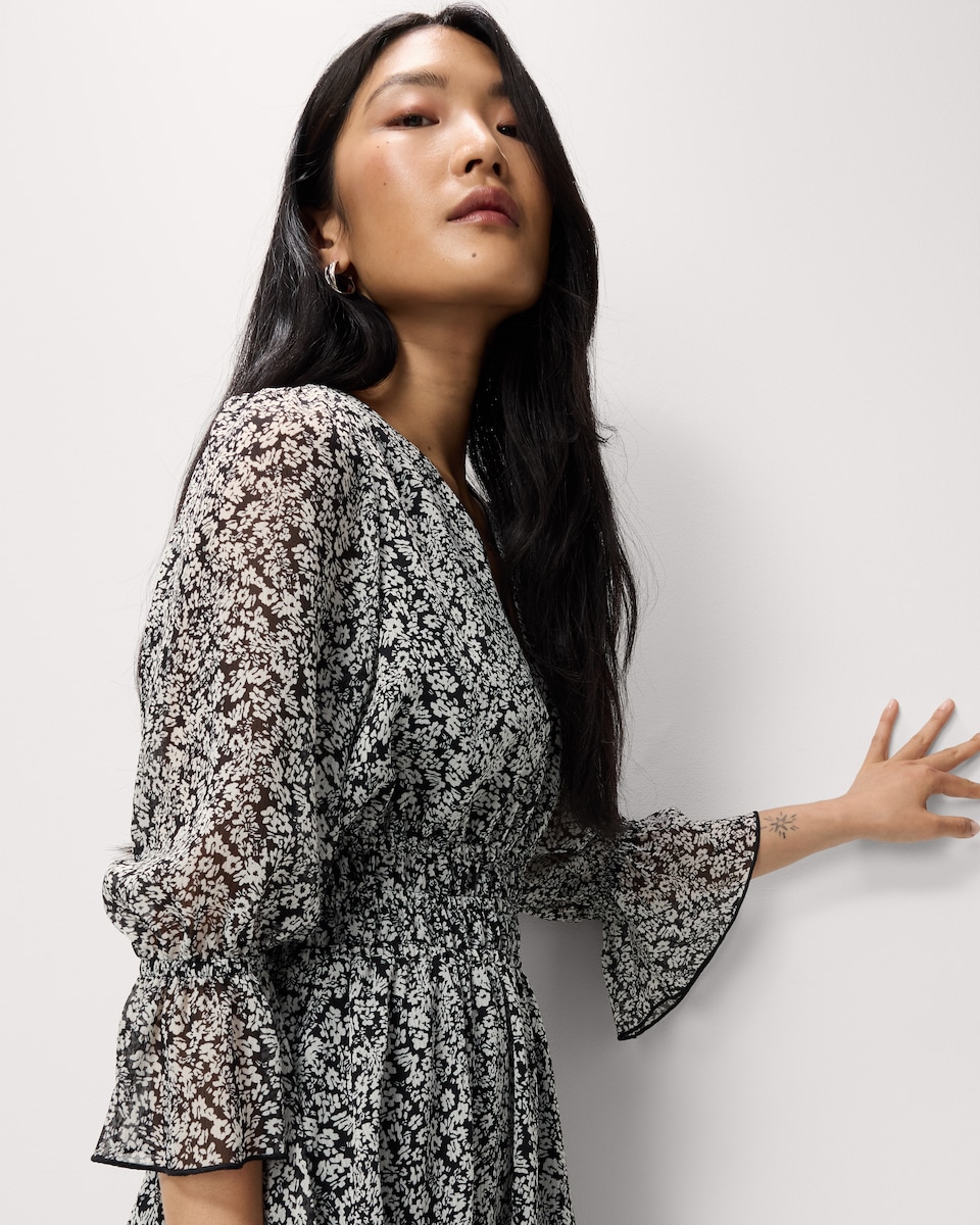 image 1 of F&F Chiffon Printed Tiered Midi Dress in Multi Black White