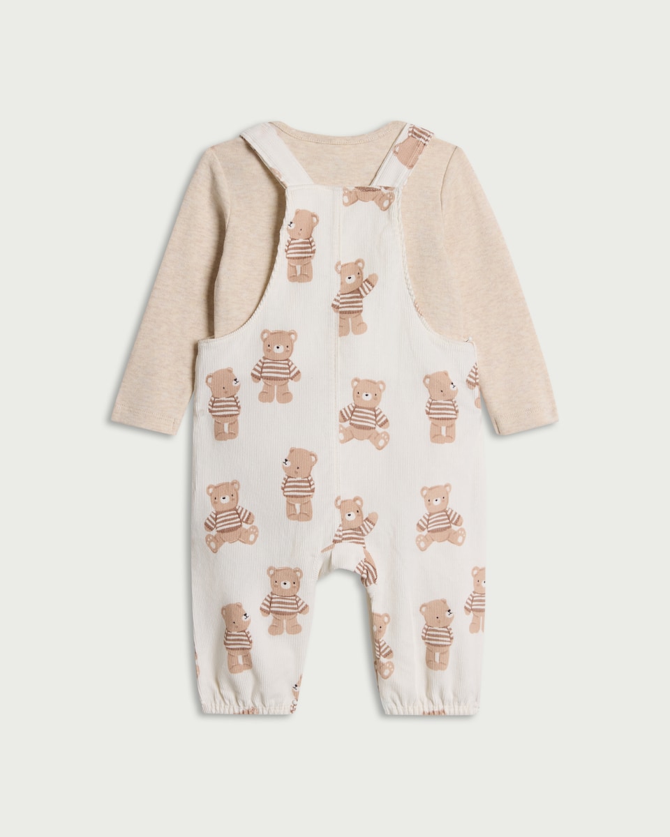 image 1 of F&F Baby 2-Piece Pure Cotton Teddy Bear Print Corduroy Dungarees and Bodysuit Set in White