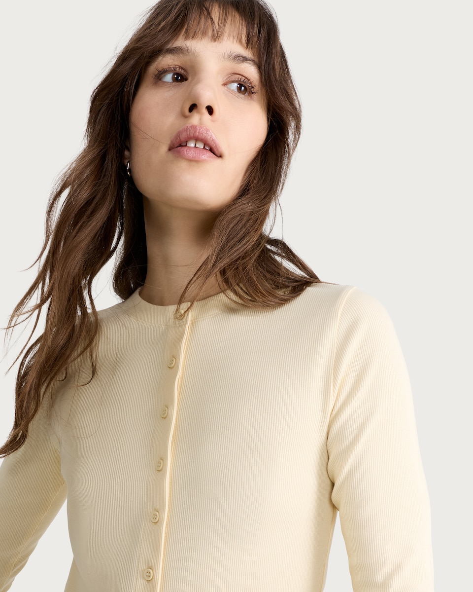 image 1 of F&F Cotton Rich Ribbed Button Up Long Sleeved Top in Yellow