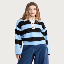 F&F Knitted Stripe Rugby Shirt in Multi Blue