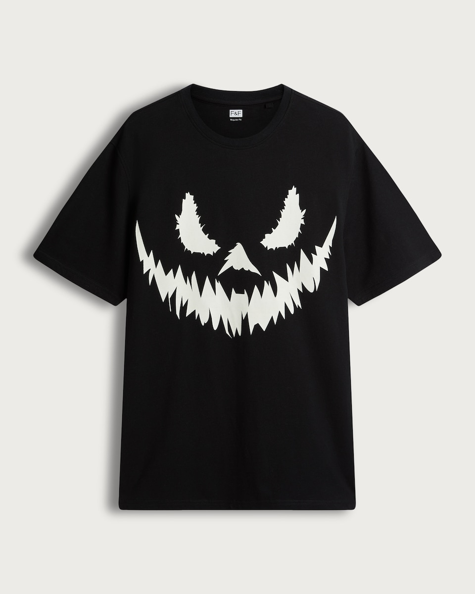 F&F Halloween Pure Cotton Pumpkin Face Print Regular Fit T-Shirt in Black