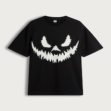 F&F Halloween Pure Cotton Pumpkin Face Print Regular Fit T-Shirt in Black