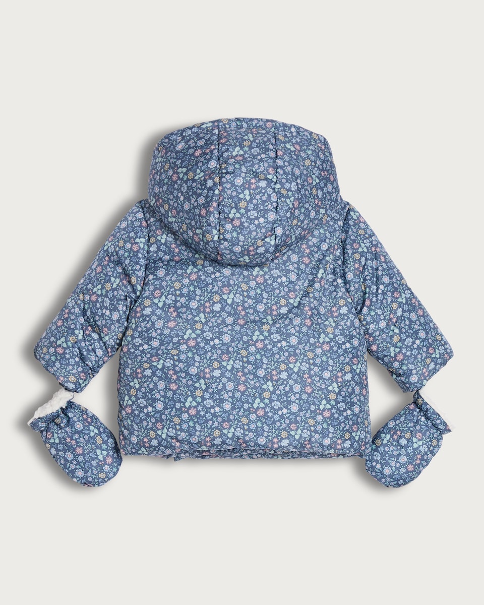 image 1 of F&F Baby Floral Print Wrap Front Shower Resistant Jacket in Blue