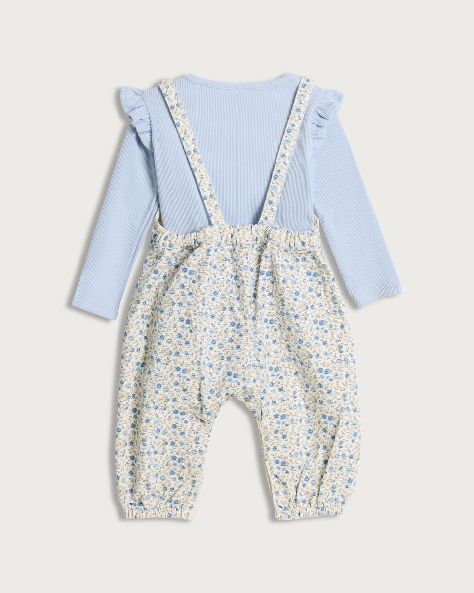 image 1 of F&F Baby 2-Piece Cotton Rich Floral Dungarees and Top in Blue