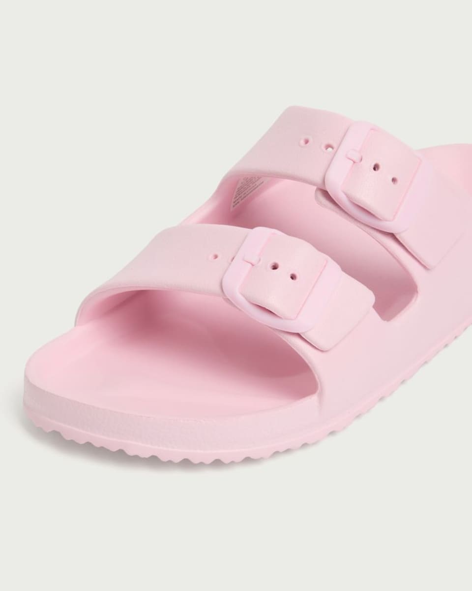 image 1 of F&F Girls Double Strap Buckle Sliders in Pink
