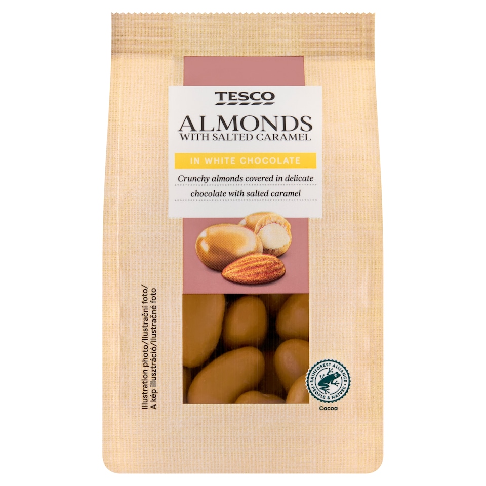 Tesco Pražené mandle jadrá v bielej čokoláde s karamelovým práškom 120 g