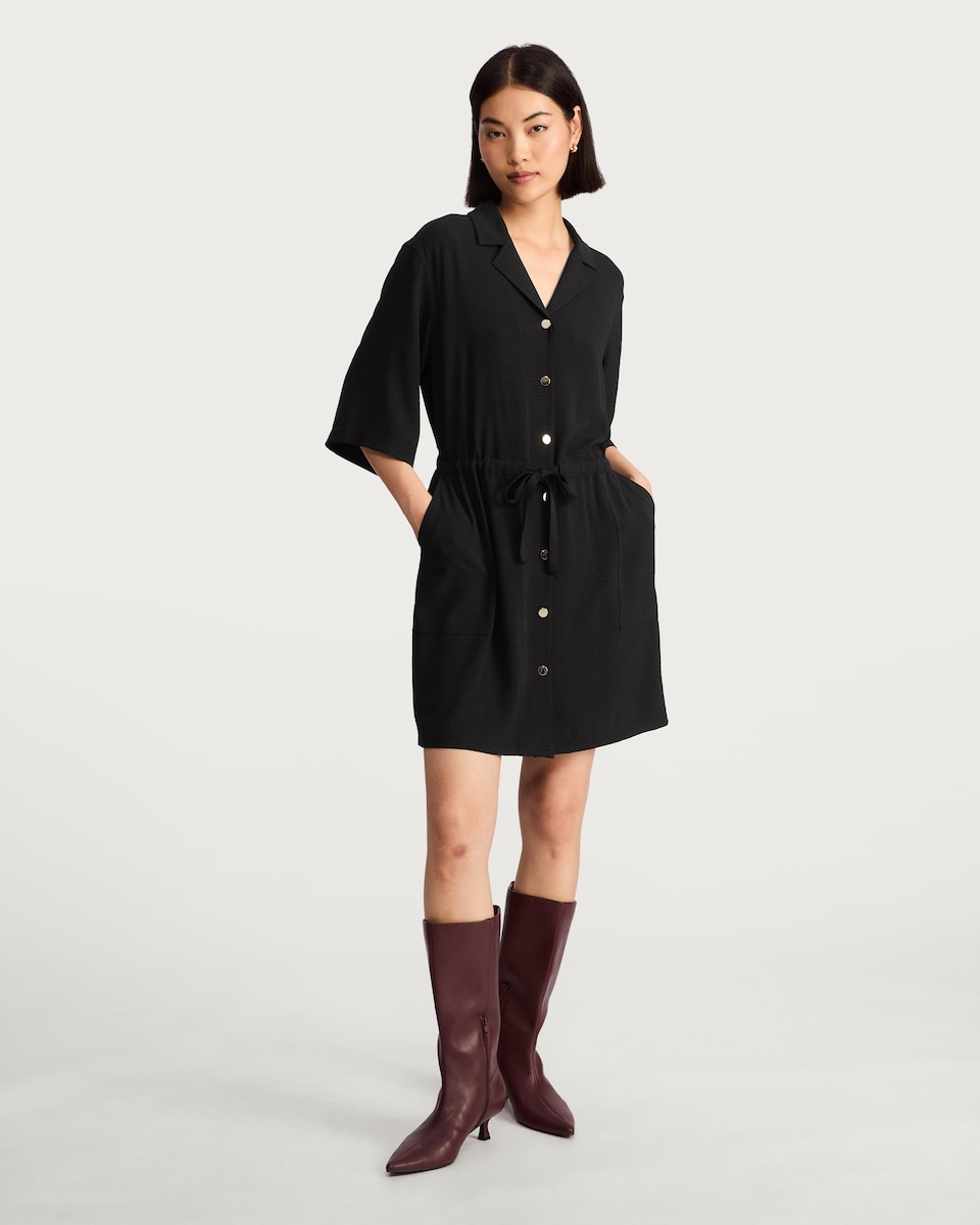 image 1 of F&F Button Front Tie Waist Mini Dress in Black