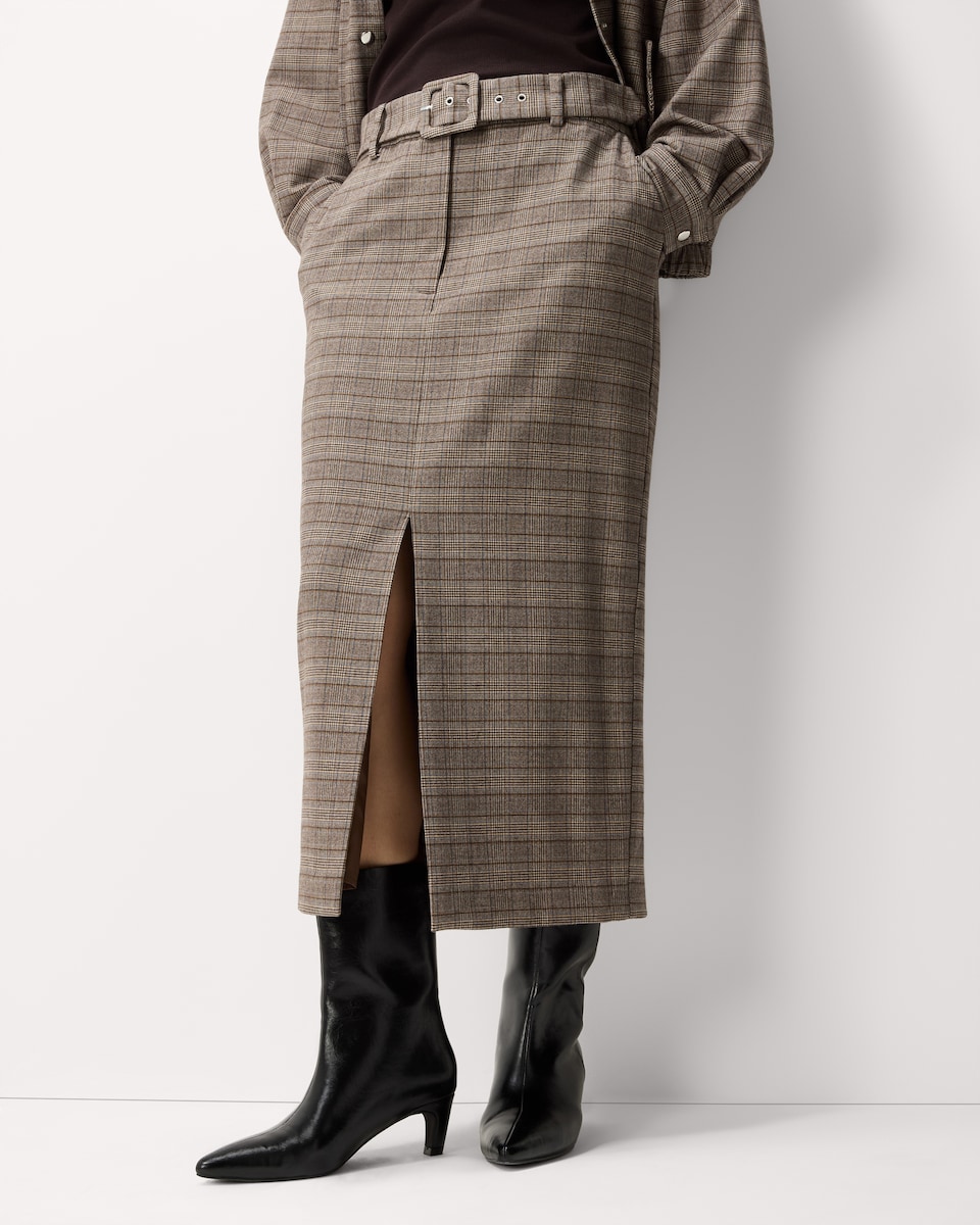 image 1 of F&F Check Belted Midi Skirt in Multi Brown