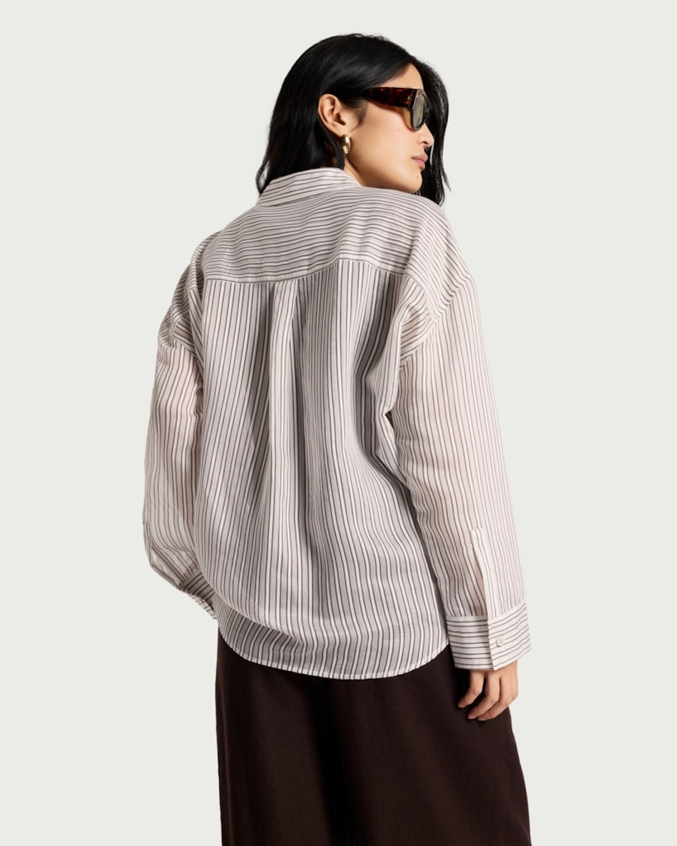 image 1 of F&F Striped Button Up Shirt in Cream