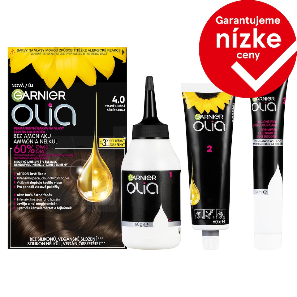 Garnier Olia permanentná farba na vlasy 4 .0 Tmavohnedá, 60 +60 +54 ml