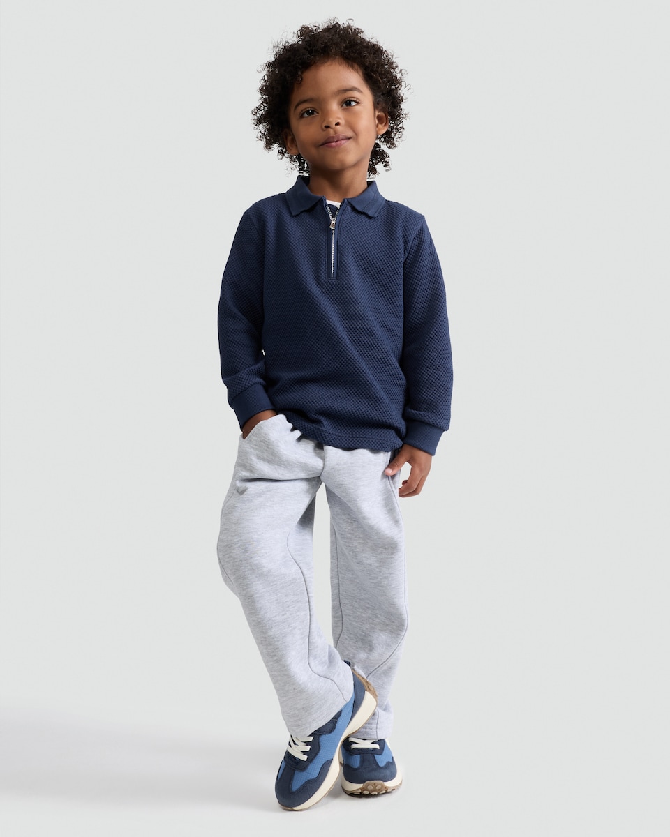 image 1 of F&F Boys Cotton Blend Textured Half Zip Polo Top in Navy