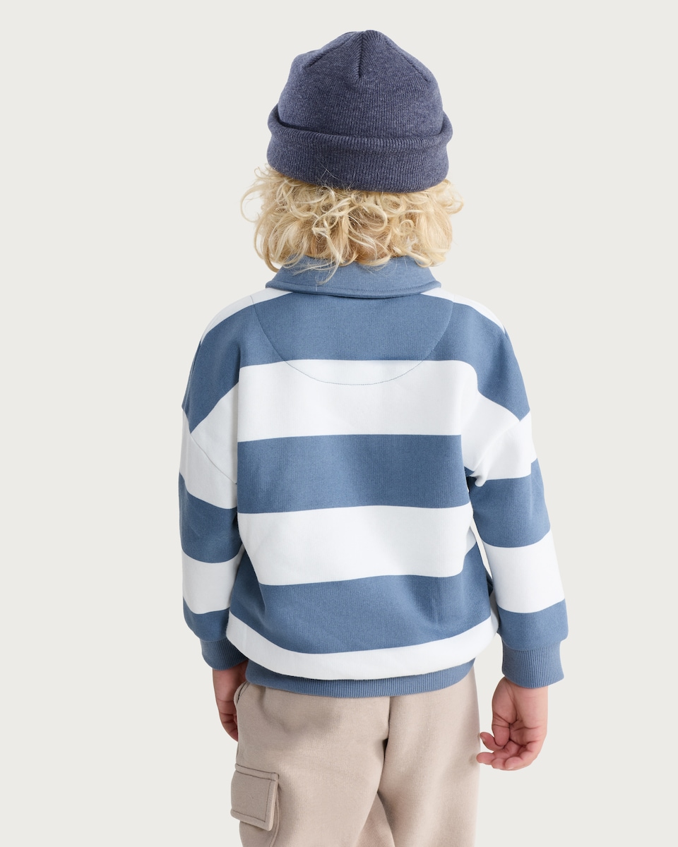 image 1 of F&F Boys Cotton Rich Stripe Print Rugby Sweatshirt in Blue