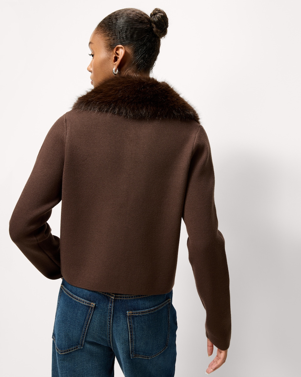 image 1 of F&F Faux Fur Collared Cardigan in Chocolate