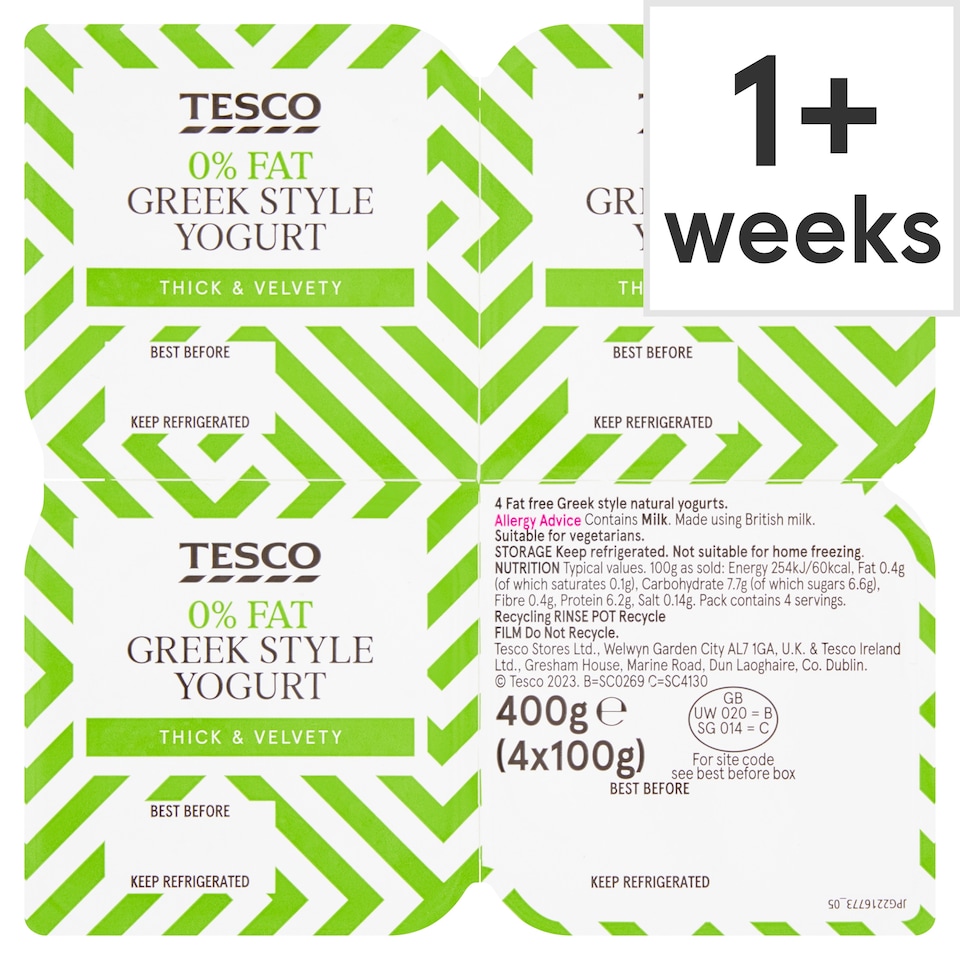 Tesco 0% Fat Greek Style Yogurt 4X100g