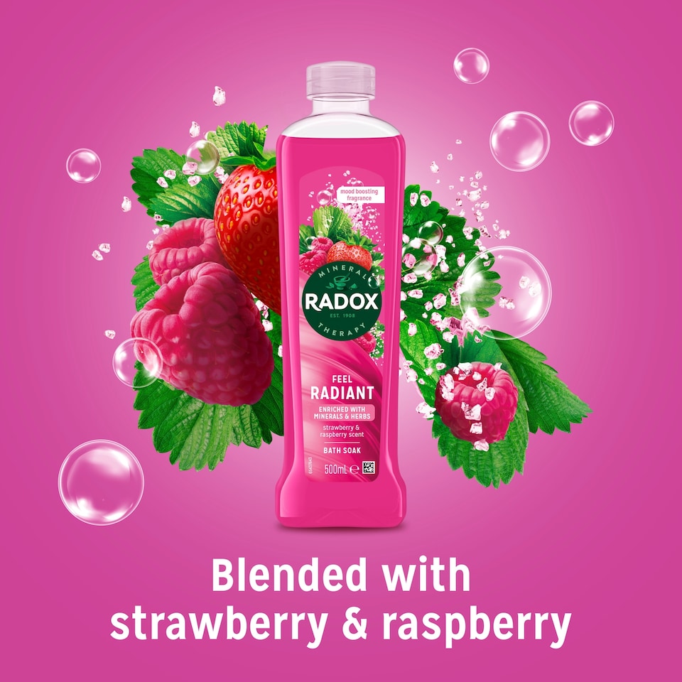 image 1 of Radox Strawberry Feel Radiant Bath Soak Bubble Bath 500ml
