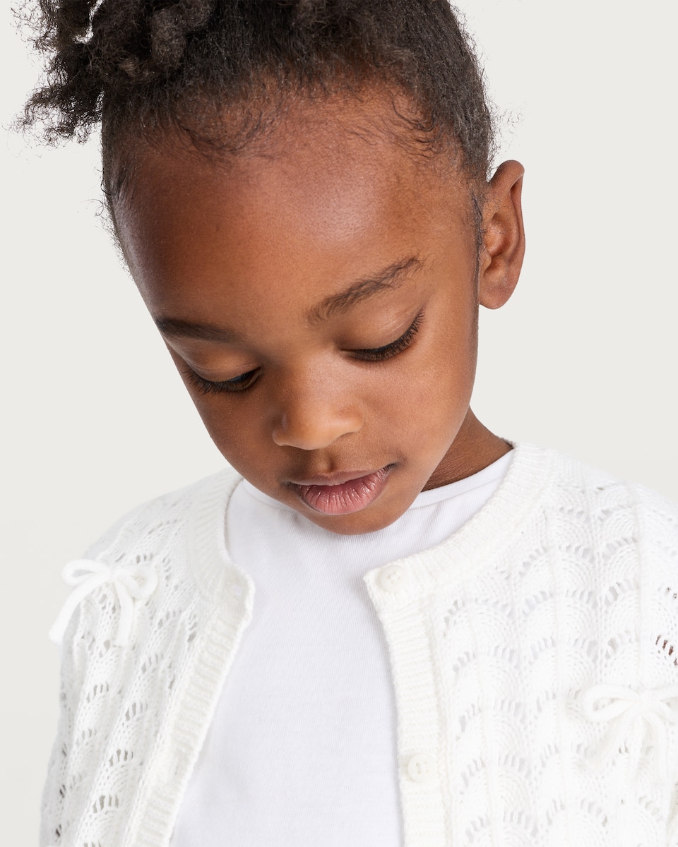 image 1 of F&F Girls Pure Cotton Bow Detail Cardigan in Cream