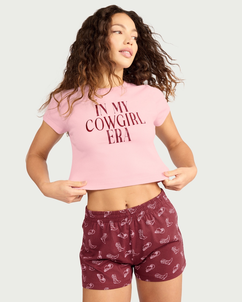 image 1 of F&F 2-Piece Cotton Rich Slogan Short Pyjama Set in Multi Pink