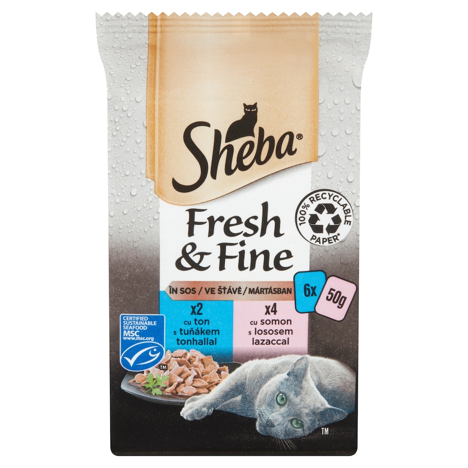 Sheba Fresh & Fine teljes értékű nedves eledel felnőtt macskának tonhallal lazaccal 6 x 50 g (300 g) 1. kép