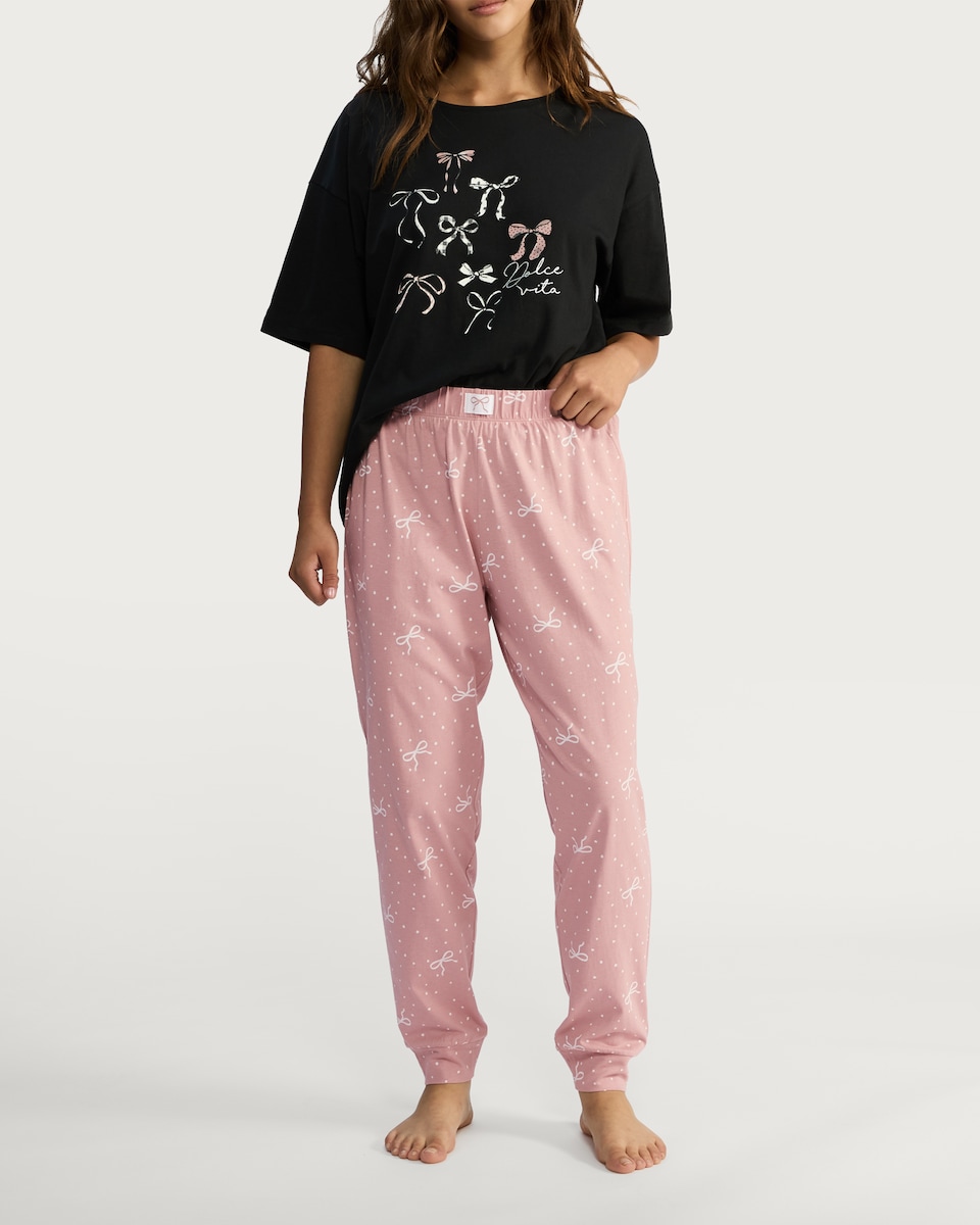 image 1 of F&F Pure Cotton Bow Print Pyjama Bottoms in Multi Pink