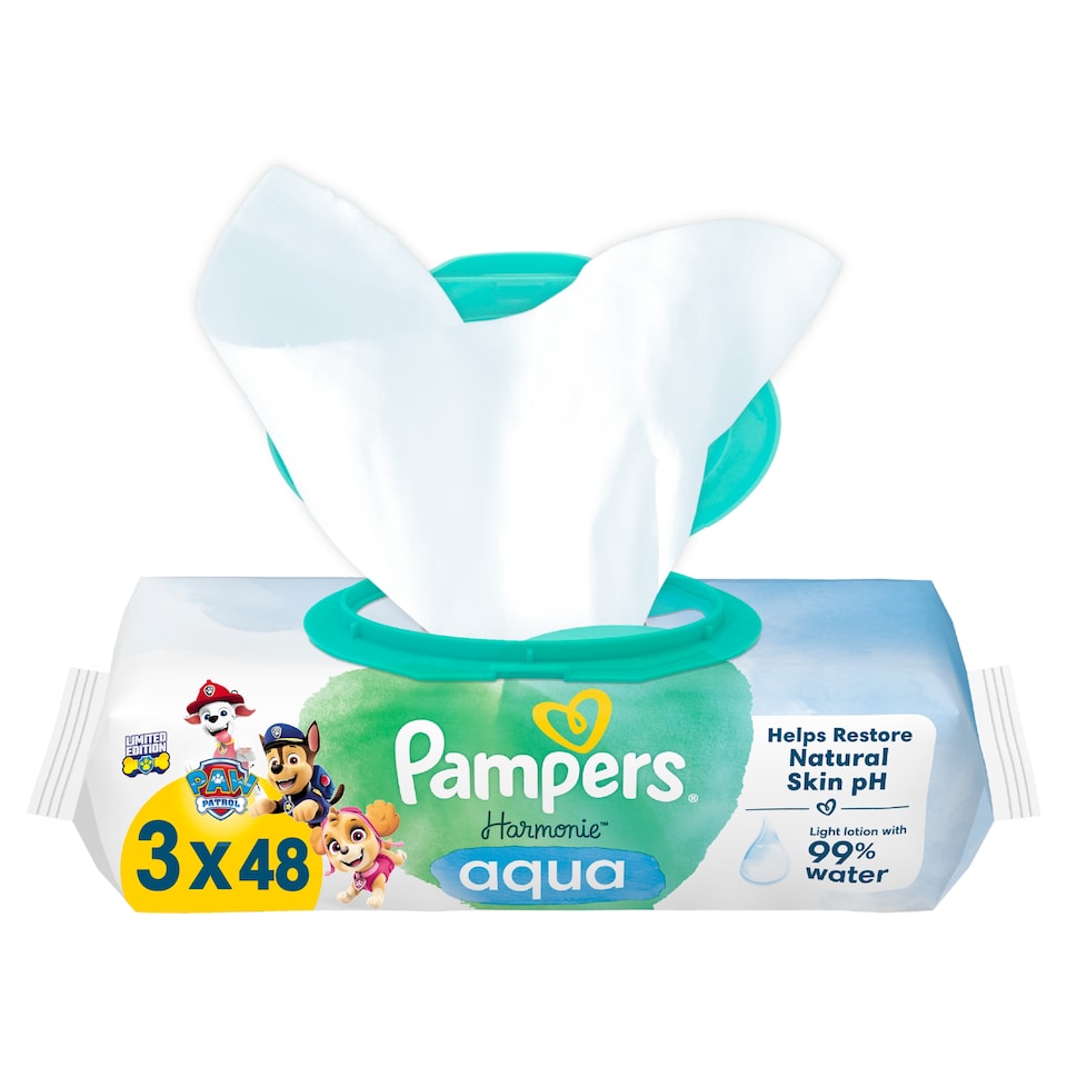 image 1 of Pampers Harmonie Aqua Baby Wet Wipes 3 Packs = 144 Wipes