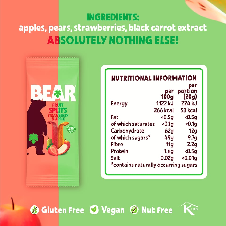 image 1 of BEAR Fruit Splits Strawberry & Apple Multipack 9x20g