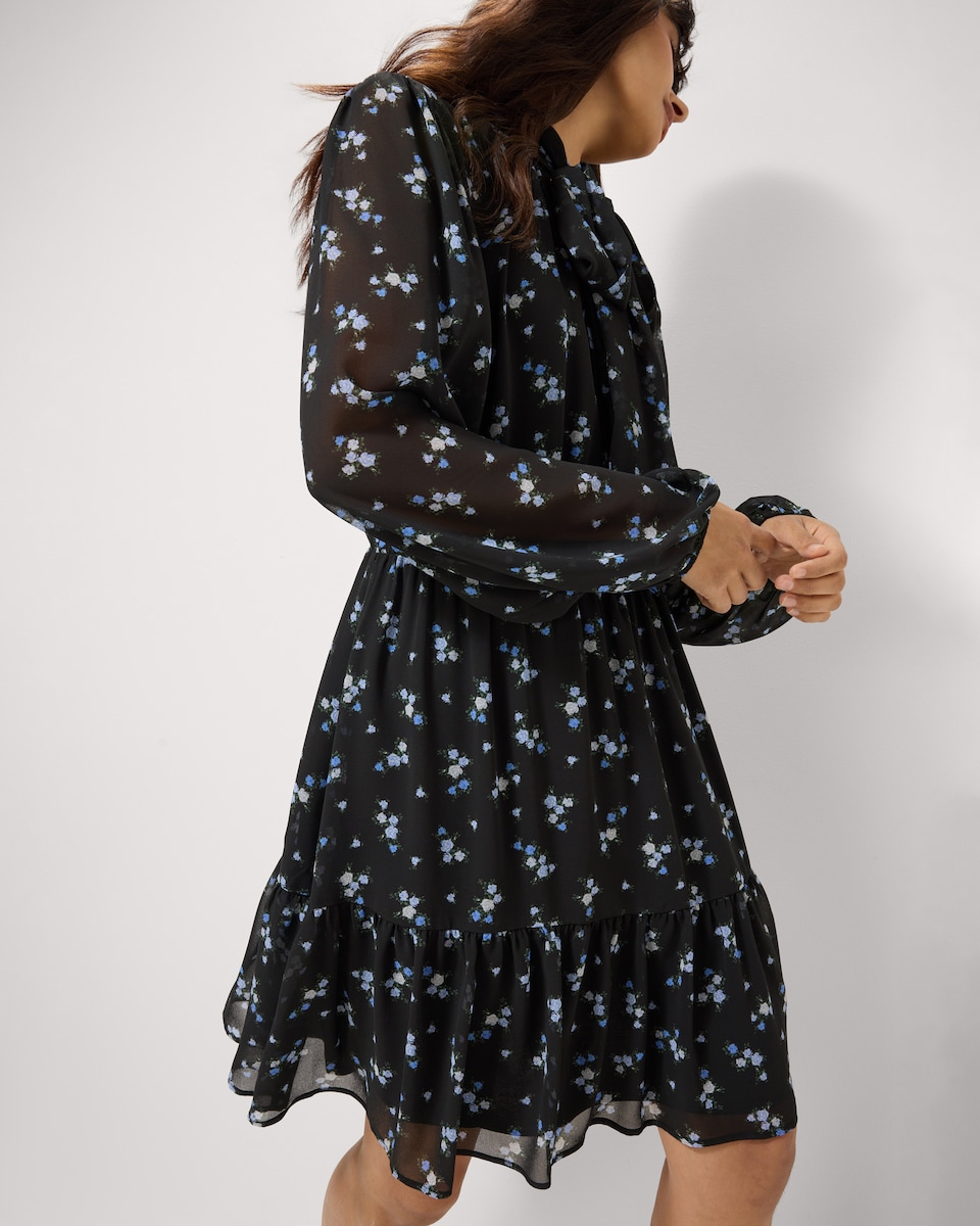 image 1 of F&F Ditsy Floral Tie Neck Mini Dress in Multi Black