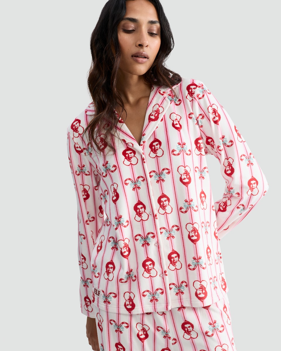 image 1 of Elf Print Fleece Shirt and Trousers Pyjamas in Cream