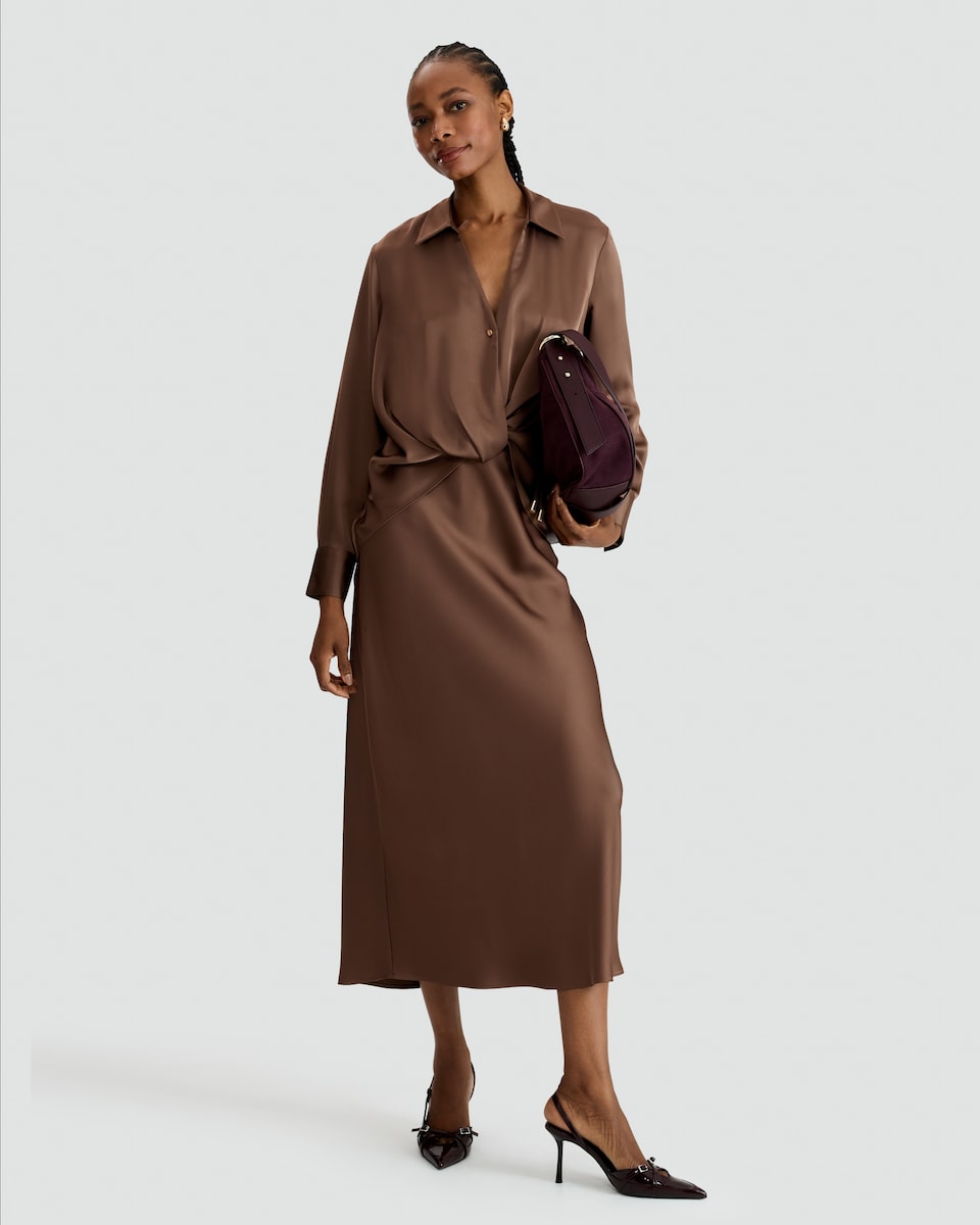 image 1 of F&F Satin Twist Front Long Sleeved Blouse in Mink